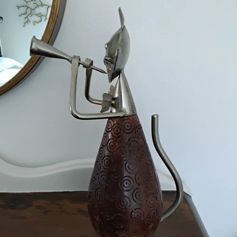 Pier 1 Wood And Metal Cat Figurine Playing Horn.